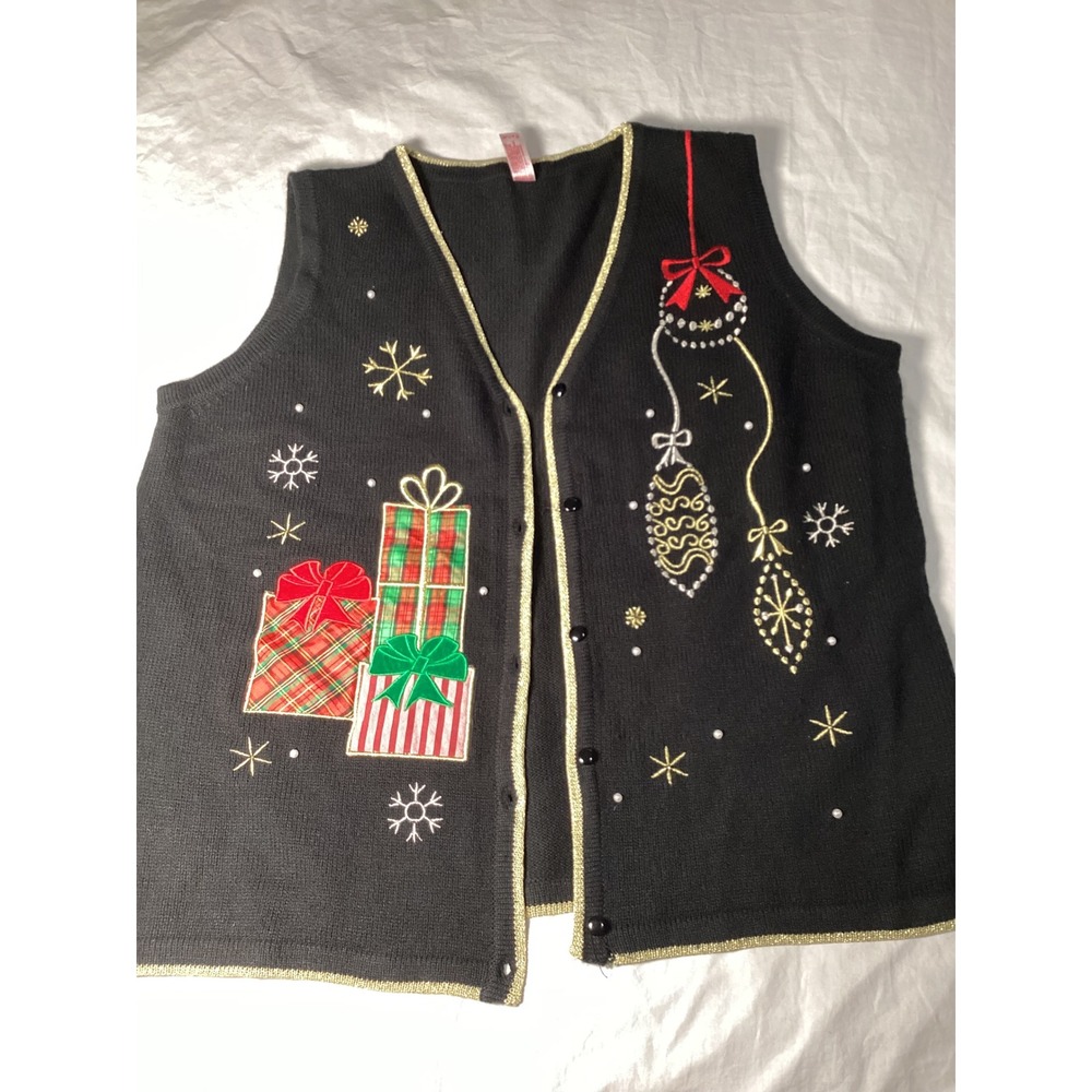 Holiday Time Womens Christmas Sweater Vest Black Embroidered Ornaments XXL 20